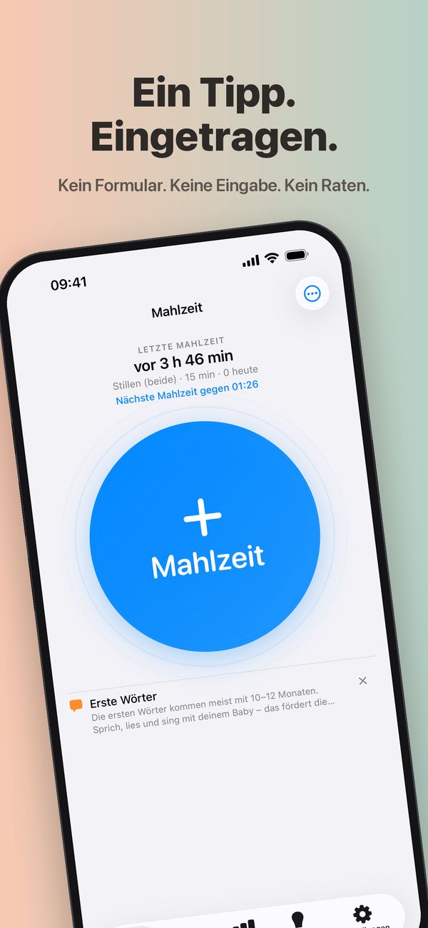 Der Bildschirm „Mahlzeit“ von FeedKit: die letzte Mahlzeit vor 3 Stunden 46 Minuten, 15 Minuten Stillen auf beiden Seiten, die nächste Mahlzeit gegen 01:26, eine große Taste „Mahlzeit“ und darunter der Tipp „Erste Wörter“.
