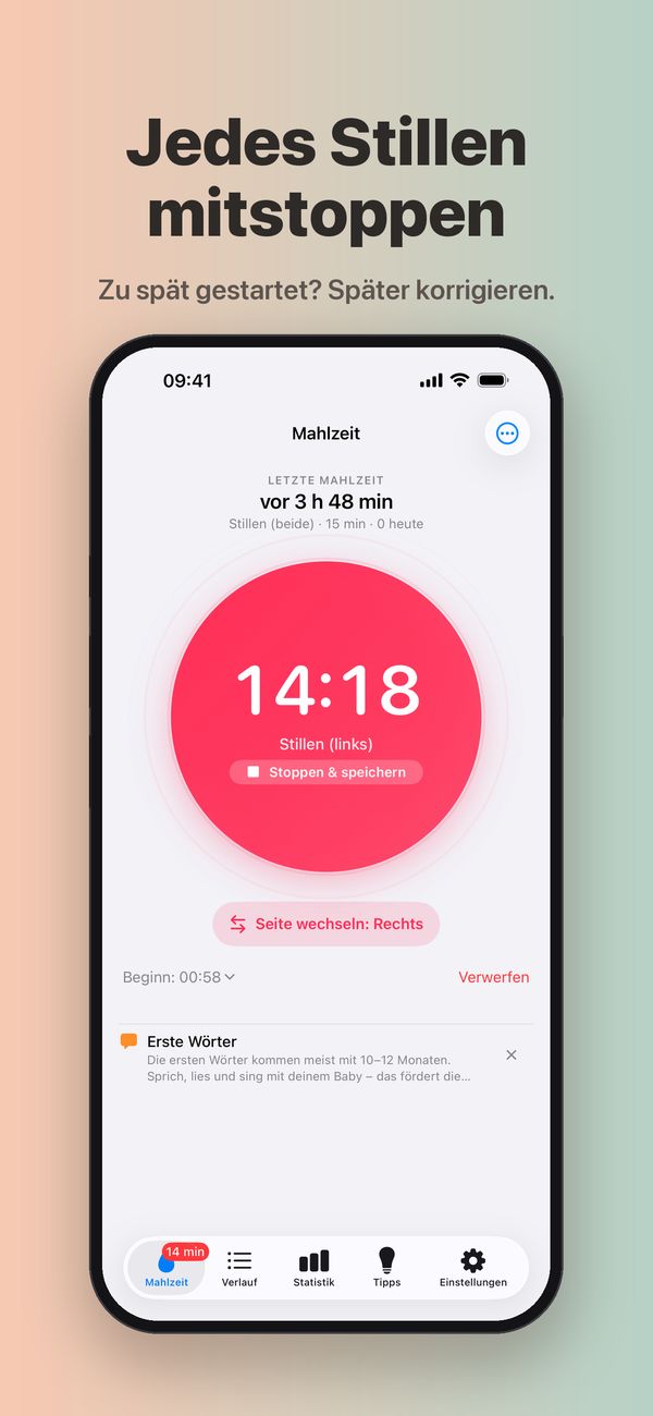 Ein laufender Timer fürs Stillen links bei 14 Minuten 18 Sekunden, mit „Stoppen & speichern“, der Taste „Seite wechseln: Rechts“, „Verwerfen“ und der änderbaren Startzeit „Beginn: 00:58“.