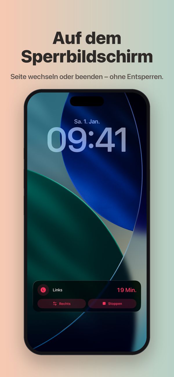Ein iPhone-Sperrbildschirm mit einer Live-Aktivität von FeedKit: Stillen links seit 19 Minuten, mit den Tasten „Rechts“ zum Seitenwechsel und „Stoppen“.