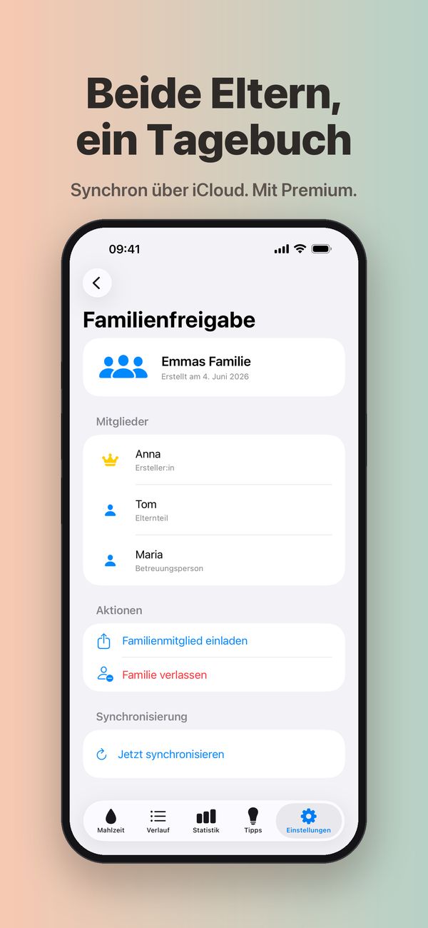 Der Bildschirm „Familienfreigabe“ für Emmas Familie mit Anna als Ersteller:in, Tom als Elternteil und Maria als Betreuungsperson sowie den Tasten „Familienmitglied einladen“, „Familie verlassen“ und „Jetzt synchronisieren“.