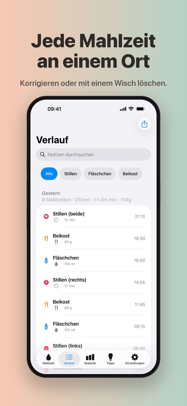 Der Bildschirm „Verlauf“ mit „Notizen durchsuchen“, den Filtern Stillen, Fläschchen und Beikost und den 8 Mahlzeiten von gestern mit den Tagessummen, jede Mahlzeit mit Uhrzeit und Menge.
