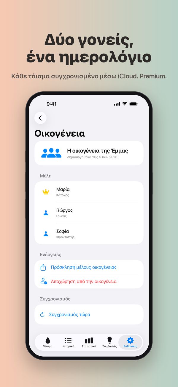 Η οθόνη «Οικογένεια» για την οικογένεια της Έμμας, με τη Μαρία («Κάτοχος»), τον Γιώργο («Γονέας») και τη Σοφία («Φροντιστής»), και κουμπιά για πρόσκληση μέλους, αποχώρηση από την οικογένεια και συγχρονισμό.
