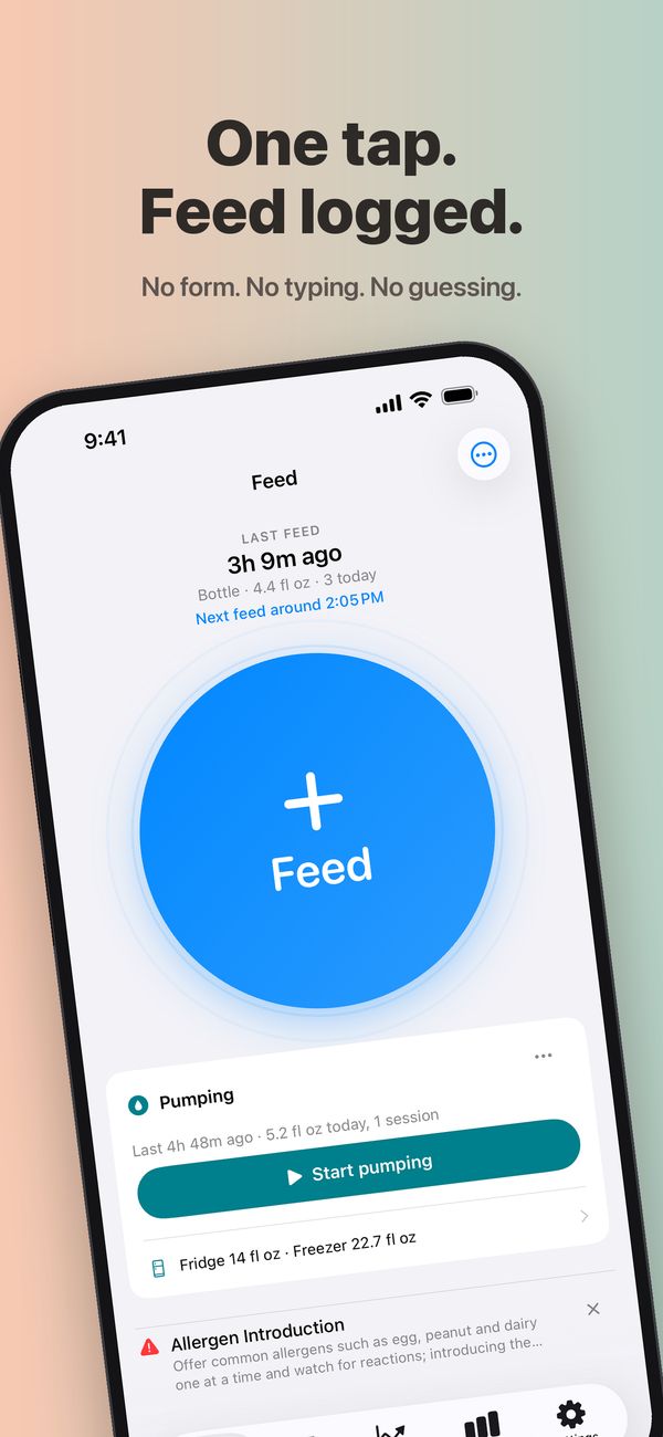 The FeedKit Feed screen: the last feed 3 hours 9 minutes ago, a 4.4 fl oz bottle and 3 feeds today, the next feed around 2:05 PM, a large Feed button, a Pumping card with the last session 4 hours 48 minutes ago, 5.2 fl oz today and a Start pumping button, the milk stash with 14 fl oz in the fridge and 22.7 fl oz in the freezer, and a tip on introducing allergens below.