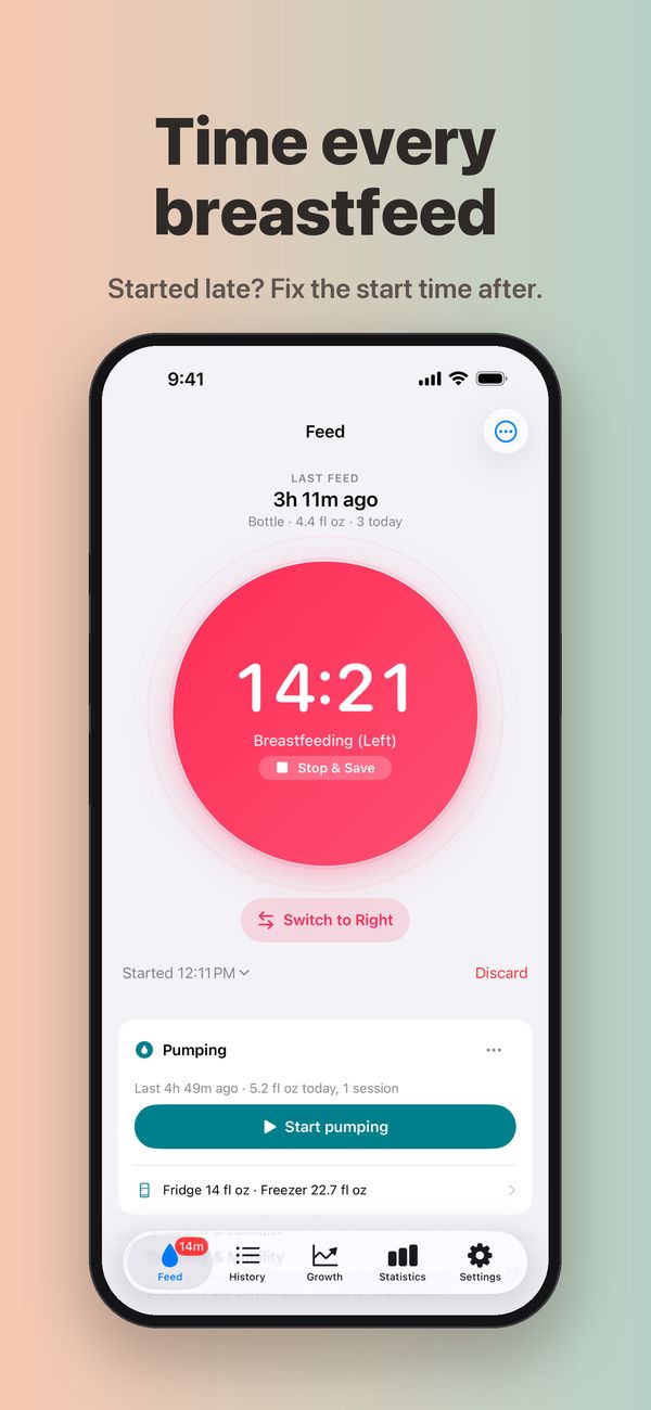 A breastfeeding timer on the left side running at 14 minutes 21 seconds, with Stop & Save, a Switch to Right button, Discard, and a start time of 12:11 PM that can be changed, with the Pumping card and its Start pumping button below.