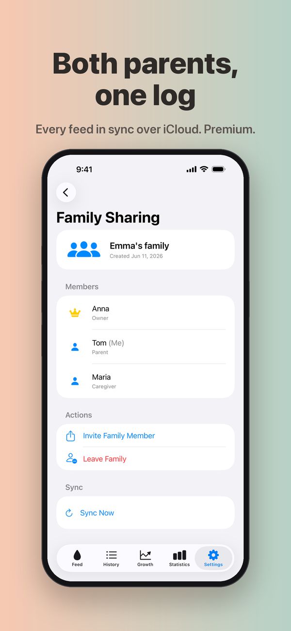 The Family Sharing screen for Emma's family, with Anna as owner, Tom as parent and Maria as caregiver, and buttons to invite a family member, leave the family and sync.