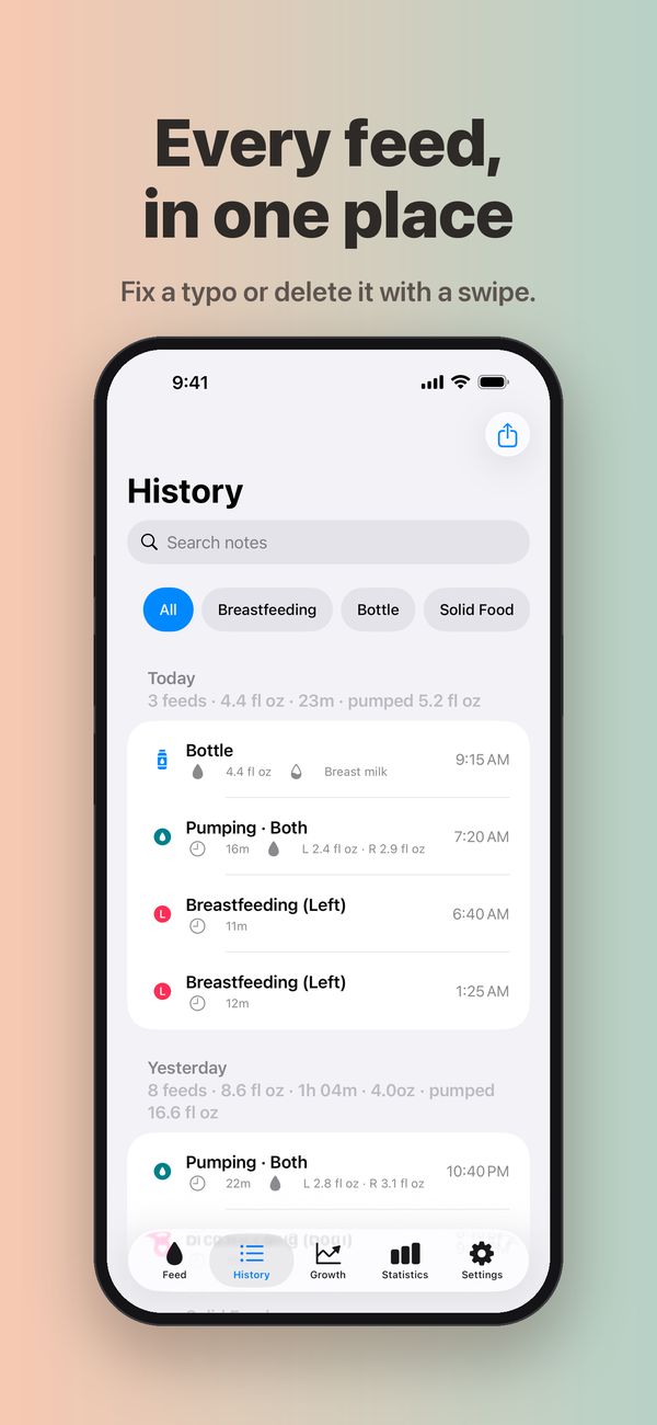 The History screen with a notes search and type filters, and today's 3 feeds with 5.2 fl oz pumped: a 4.4 fl oz bottle of breast milk at 9:15 AM, a 16-minute pumping session on both sides, 2.4 fl oz left and 2.9 fl oz right, at 7:20 AM, and two left-side breastfeeds. Yesterday shows 8 feeds and 16.6 fl oz pumped.