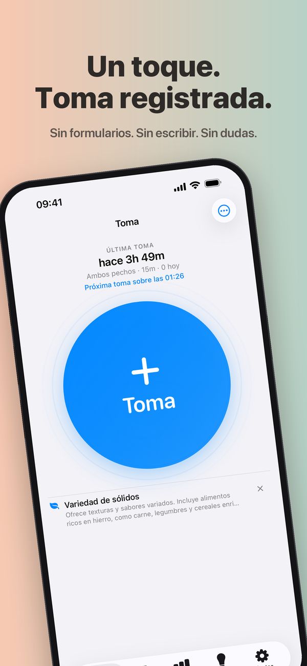 La pantalla Toma de FeedKit: la última toma hace 3 horas y 49 minutos, una toma de 15 minutos de ambos pechos, la próxima toma sobre la 01:26, un gran botón Toma y, debajo, un consejo sobre variedad de sólidos.