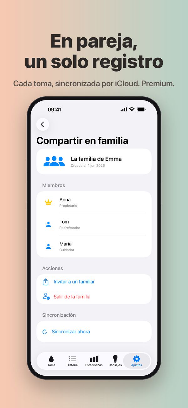 La pantalla Compartir en familia de La familia de Emma, con Anna (Propietario), Tom (Padre/madre) y Maria (Cuidador), y los botones Invitar a un familiar, Salir de la familia y Sincronizar ahora.