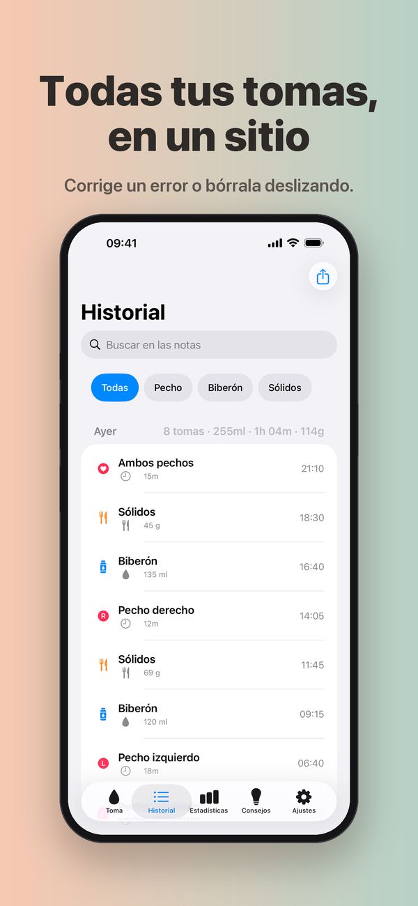 La pantalla Historial con el campo Buscar en las notas, los filtros Pecho, Biberón y Sólidos, y las 8 tomas de ayer con los totales del día, cada toma con su hora y su cantidad.