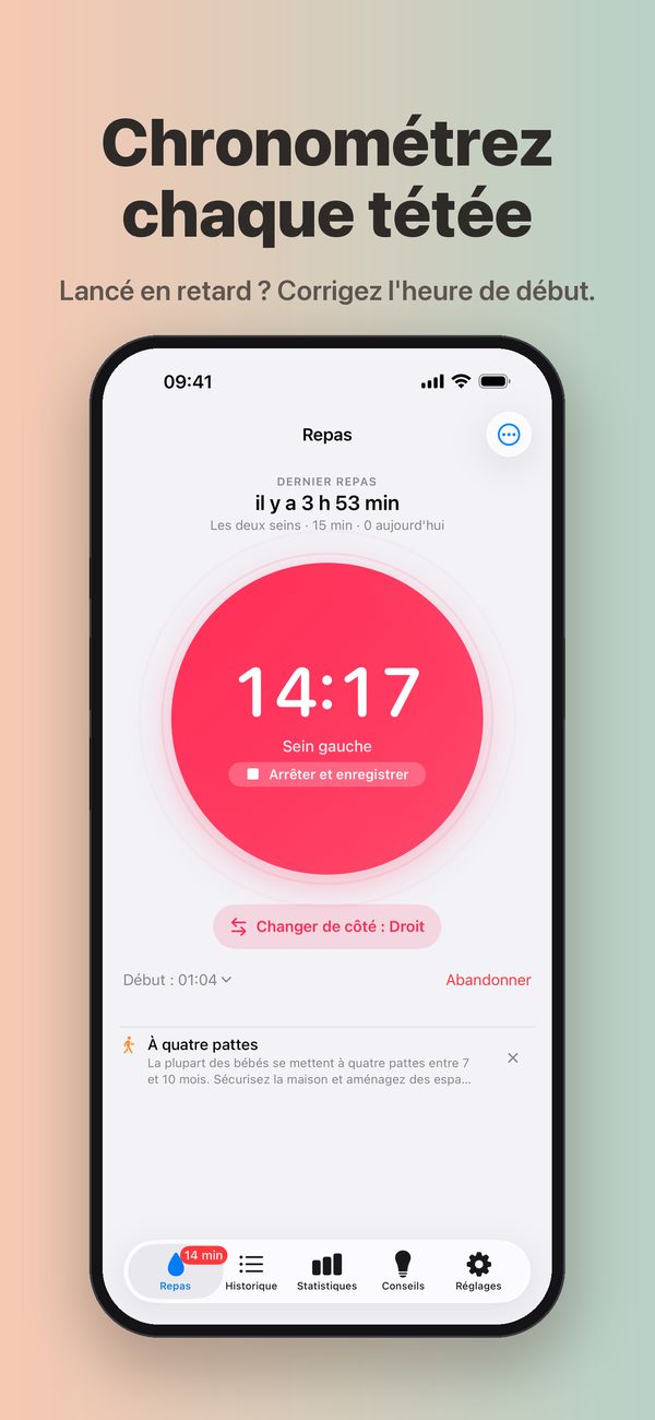 Un chrono de tétée au sein gauche à 14 minutes 17 secondes, avec Arrêter et enregistrer, un bouton « Changer de côté : Droit », Abandonner, et l'heure de début, 01:04, que l'on peut modifier.