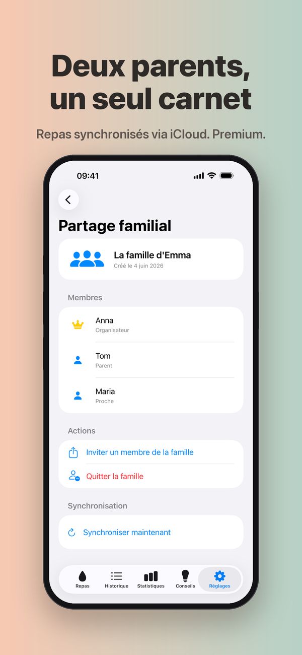 L'écran Partage familial de « La famille d'Emma », avec Anna (Organisateur), Tom (Parent) et Maria (Proche), et les boutons Inviter un membre de la famille, Quitter la famille et Synchroniser maintenant.