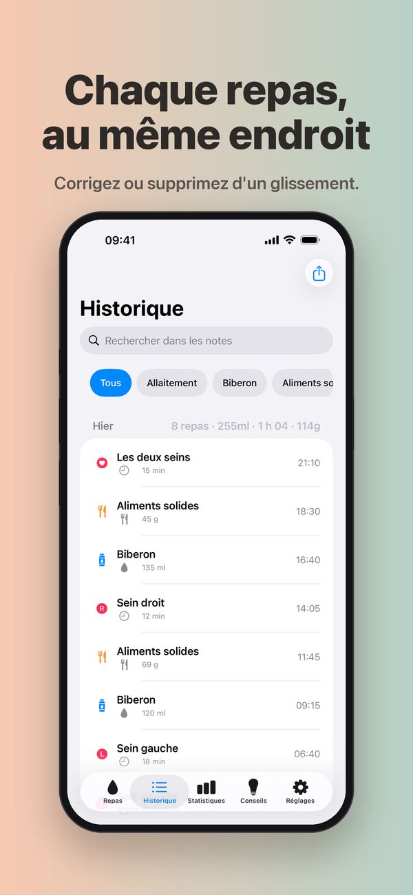 L'écran Historique avec la recherche dans les notes, les filtres Allaitement, Biberon et Aliments solides, et les 8 repas d'hier avec les totaux du jour, chaque repas avec son heure et sa quantité.
