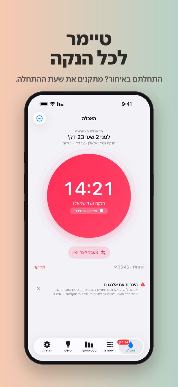 טיימר הנקה בשד שמאל שפועל כבר 14 דקות ו-21 שניות, עם "עצירה ושמירה", כפתור "מעבר לצד ימין", "מחיקה" ושעת התחלה 03:46 שאפשר לשנות.