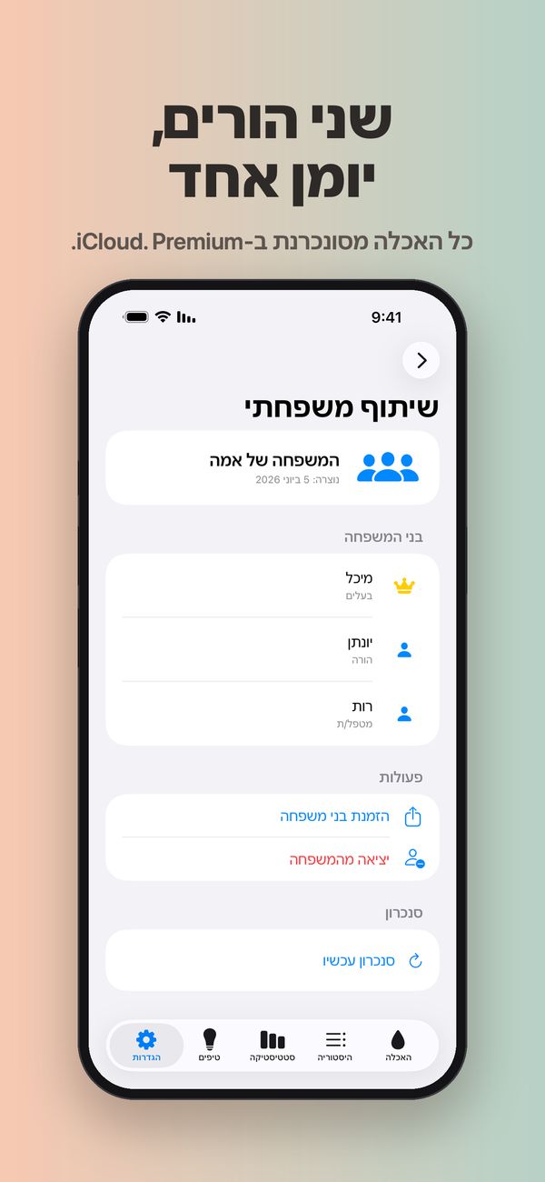 מסך "שיתוף משפחתי" של המשפחה של אמה: מיכל בתור בעלים, יונתן בתור הורה ורות בתור מטפלת, וכפתורים להזמנת בני משפחה, ליציאה מהמשפחה ולסנכרון.