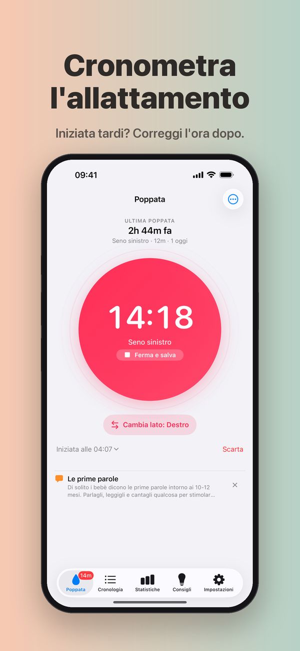 Il timer dell'allattamento al seno sinistro a 14 minuti e 18 secondi, con Ferma e salva, un pulsante «Cambia lato: Destro», Scarta e l'ora di inizio, le 04:07, che si può modificare.