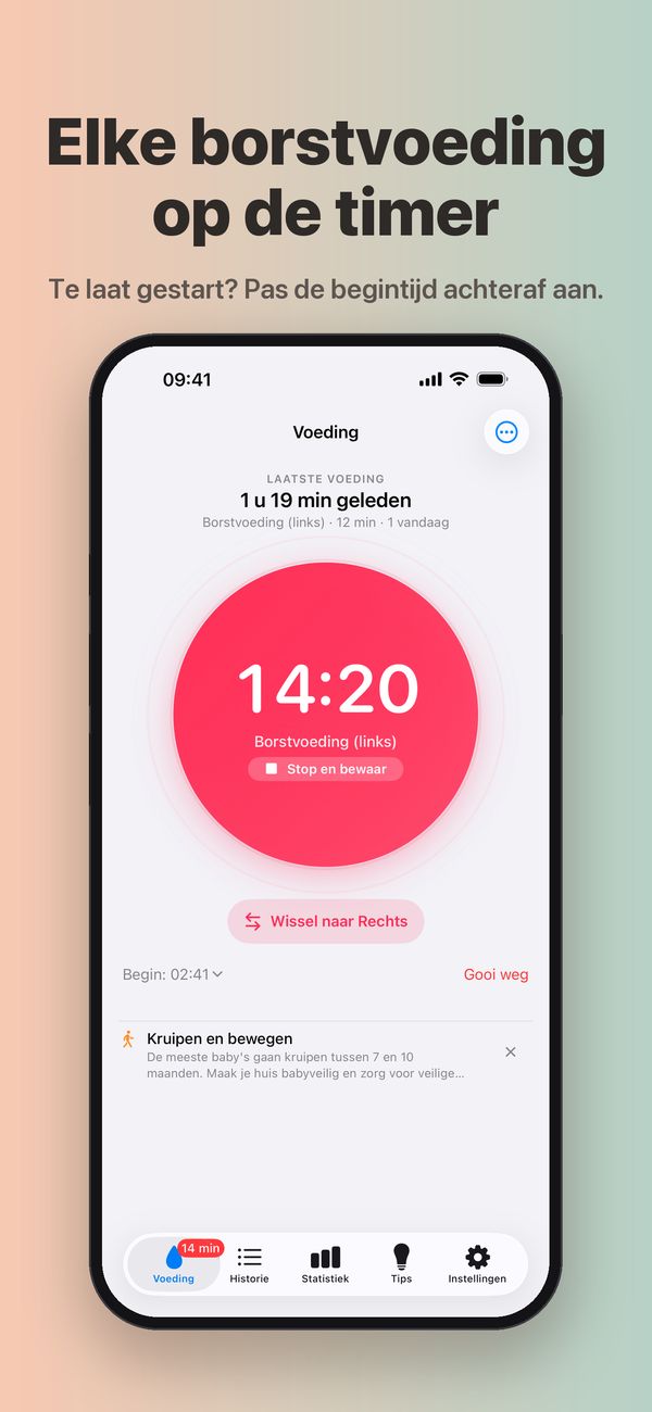 Een lopende timer voor borstvoeding links op 14 minuten 20 seconden, met “Stop en bewaar”, de knop “Wissel naar Rechts”, “Gooi weg” en de begintijd “Begin: 02:41”, die je kunt aanpassen.