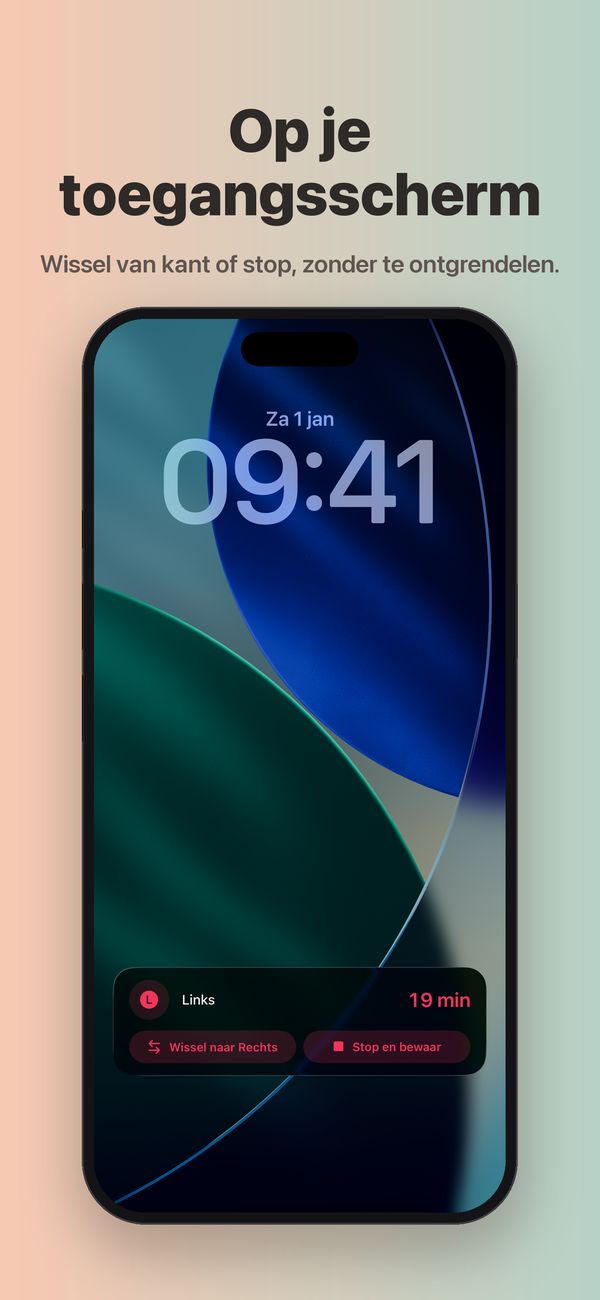 Een iPhone-toegangsscherm met een Live Activity van FeedKit: borstvoeding links loopt al 19 minuten, met de knoppen “Wissel naar Rechts” en “Stop en bewaar”.