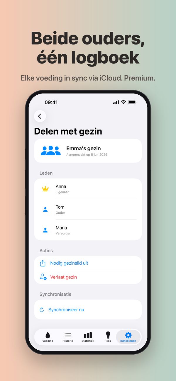 Het scherm “Delen met gezin” voor Emma's gezin, met Anna als eigenaar, Tom als ouder en Maria als verzorger, en de knoppen “Nodig gezinslid uit”, “Verlaat gezin” en “Synchroniseer nu”.