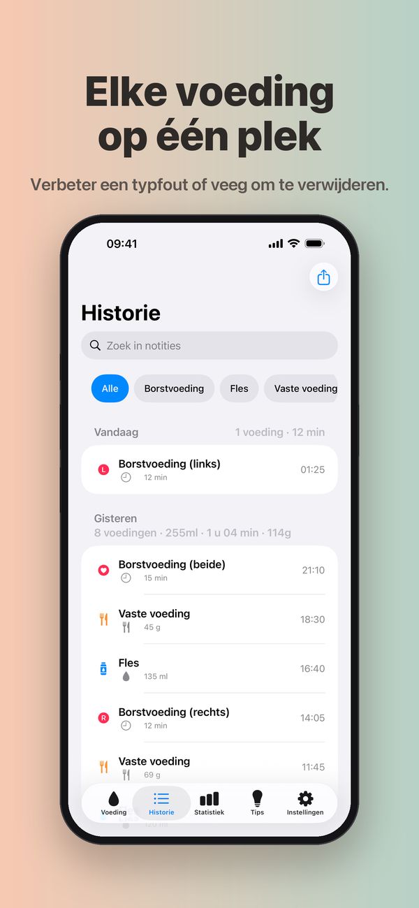 Het scherm “Historie” met “Zoek in notities”, filters voor Borstvoeding, Fles en Vaste voeding, en de voedingen per dag met dagtotalen: 1 voeding vandaag en 8 gisteren, elk met de tijd en de duur of hoeveelheid.