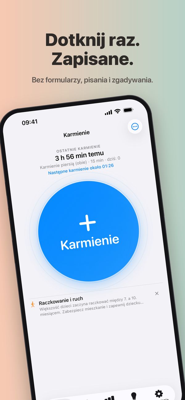 Ekran Karmienie w FeedKit: ostatnie karmienie 3 godziny 56 minut temu, 15-minutowe karmienie piersią z obu stron, następne karmienie około 01:26, duży przycisk Karmienie, a poniżej porada o raczkowaniu i ruchu.