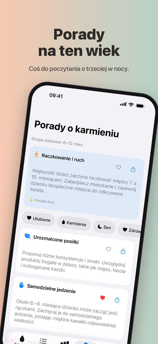 Ekran Porady o karmieniu dla grupy wiekowej 6–12 miesięcy: Porada dnia o raczkowaniu i ruchu, filtry Ulubione, Karmienie, Sen i Zdrowie, porada o urozmaiconych posiłkach oraz zapisana w ulubionych porada o samodzielnym jedzeniu.