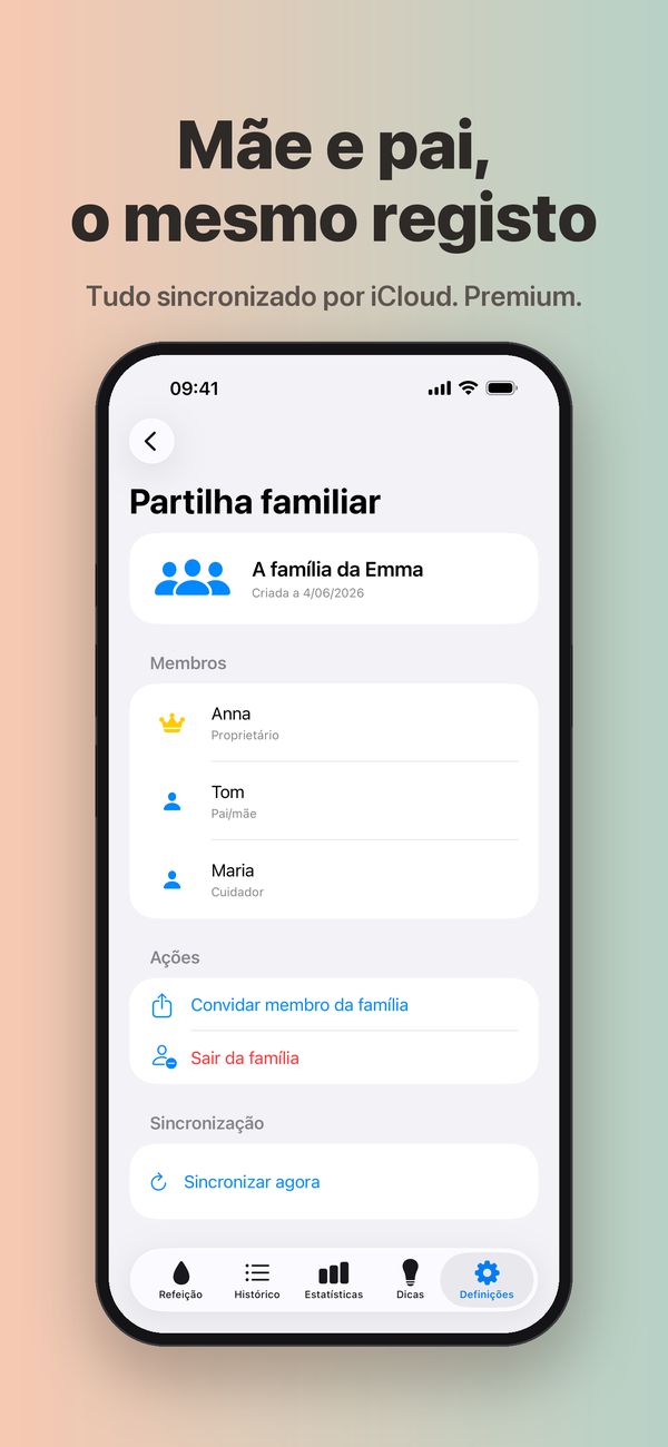 O ecrã Partilha familiar de «A família da Emma», com a Anna (Proprietário), o Tom (Pai/mãe) e a Maria (Cuidador), e os botões «Convidar membro da família», «Sair da família» e «Sincronizar agora».
