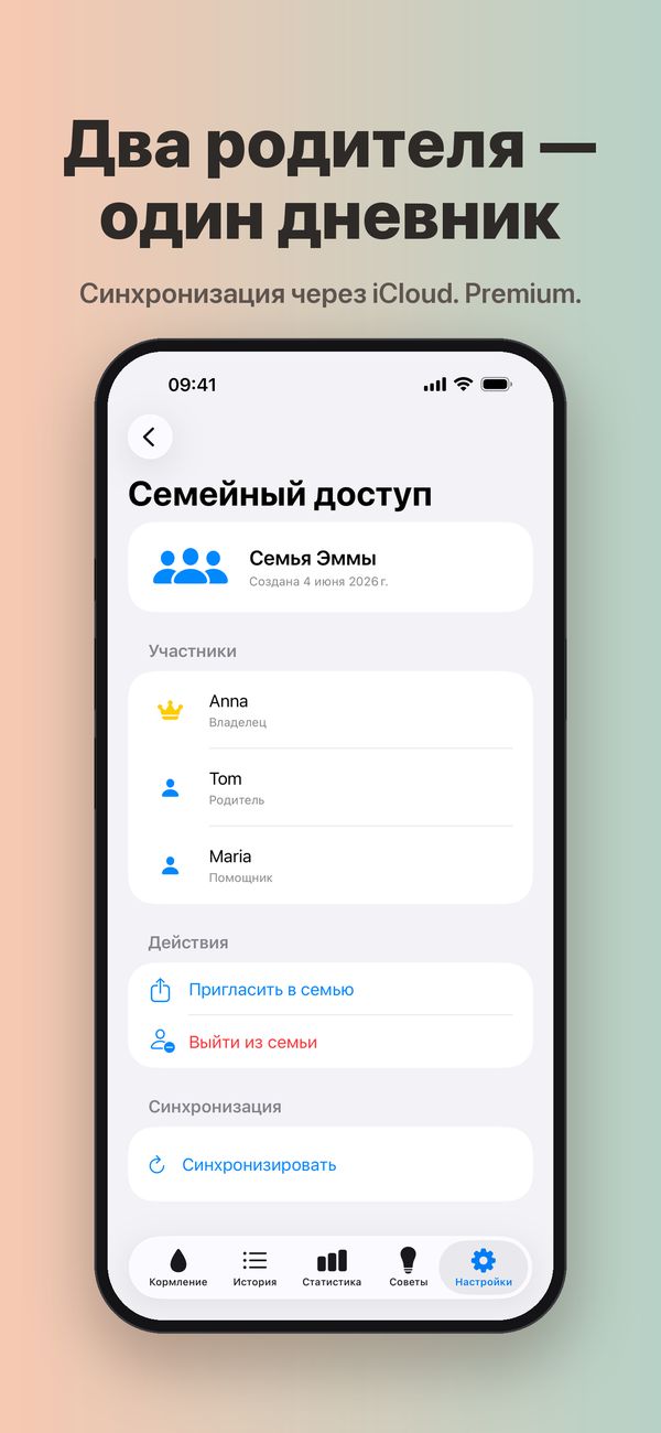 Экран «Семейный доступ» для семьи Эммы: Anna — владелец, Tom — родитель, Maria — помощник; кнопки «Пригласить в семью», «Выйти из семьи» и «Синхронизировать».