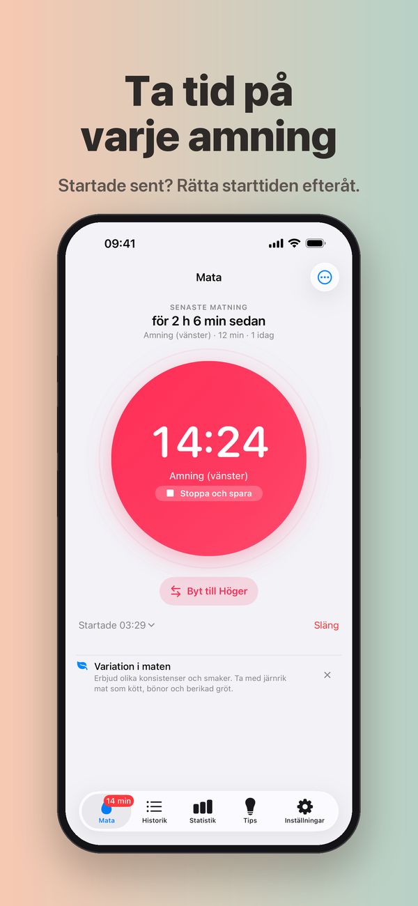 En amningstimer för vänster sida som står på 14 minuter 24 sekunder, med ”Stoppa och spara”, knappen ”Byt till Höger”, ”Släng” och starttiden 03:29, som går att ändra.