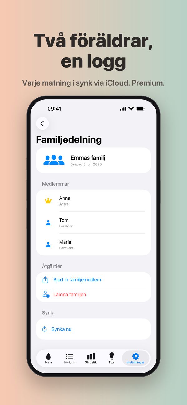 Skärmen Familjedelning för Emmas familj, med Anna som ägare, Tom som förälder och Maria som barnvakt, och knappar för att bjuda in en familjemedlem, lämna familjen och synka.