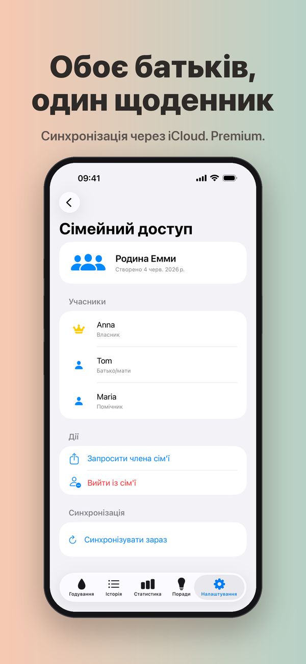 Екран «Сімейний доступ» родини Емми: Anna — власник, Tom — батько/мати, Maria — помічник, а також кнопки «Запросити члена сім’ї», «Вийти із сім’ї» і «Синхронізувати зараз».