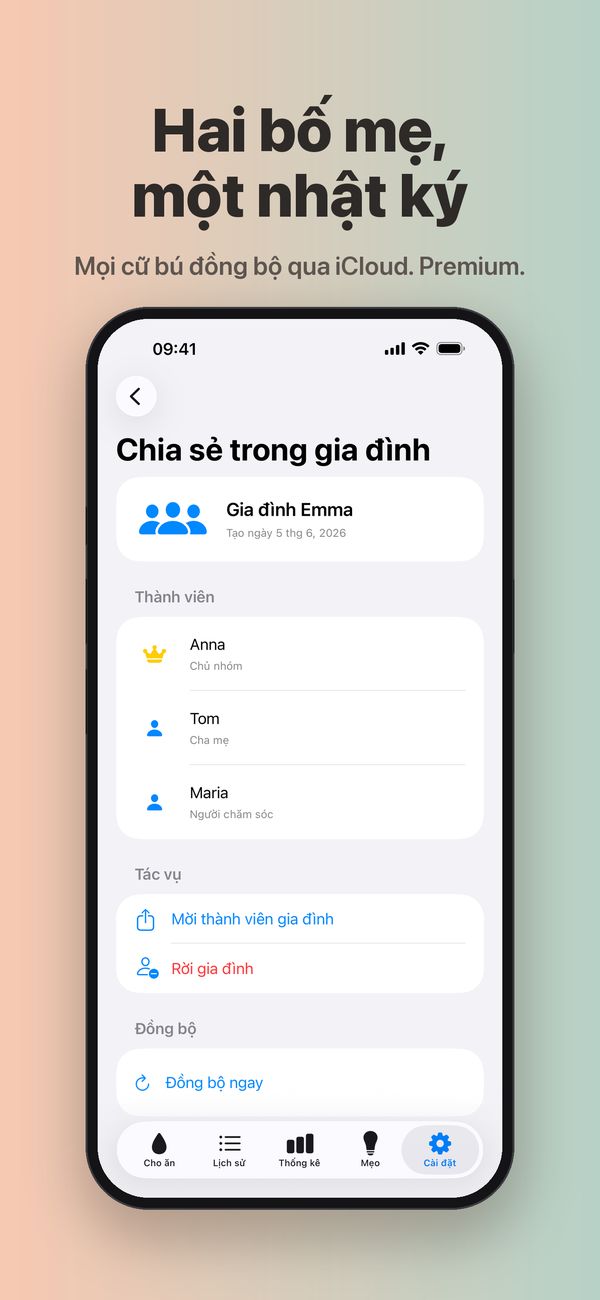 Màn hình “Chia sẻ trong gia đình” của “Gia đình Emma”: Anna là chủ nhóm, Tom là cha mẹ, Maria là người chăm sóc, cùng các nút “Mời thành viên gia đình”, “Rời gia đình” và “Đồng bộ ngay”.