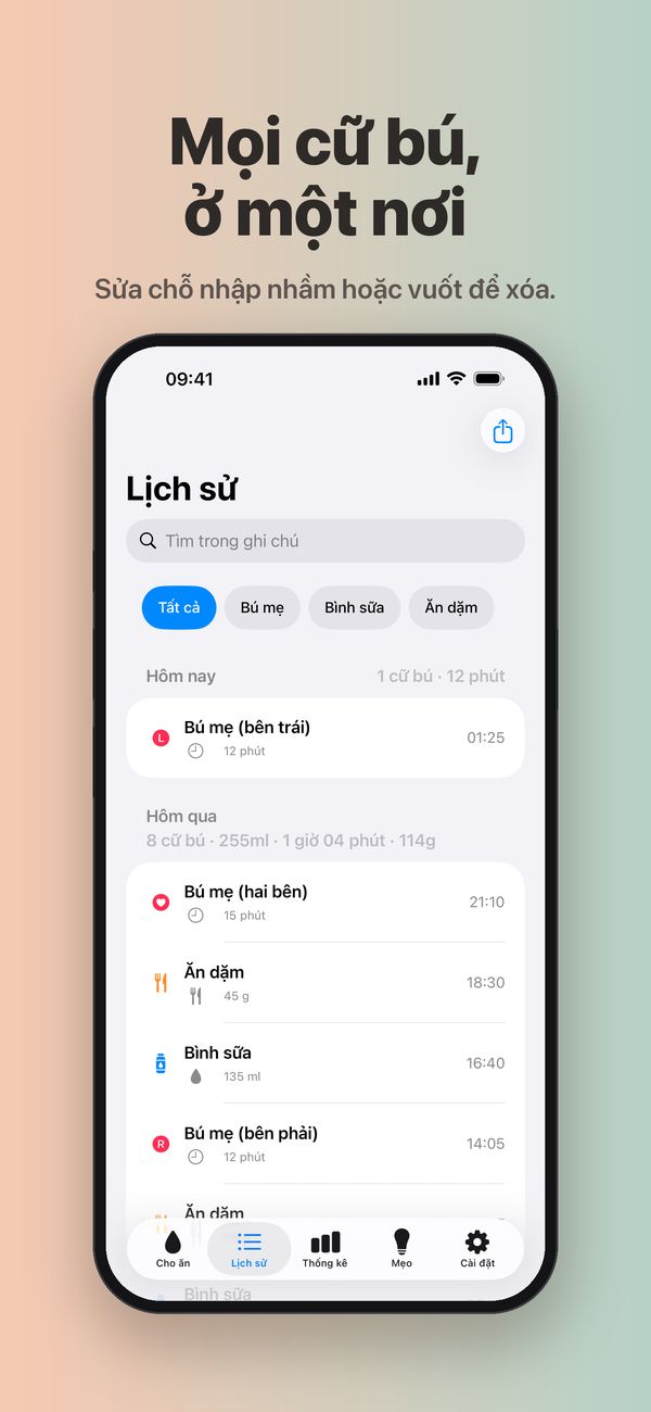 Màn hình “Lịch sử” với ô tìm trong ghi chú, bộ lọc “Bú mẹ”, “Bình sữa” và “Ăn dặm”, và các cữ bú xếp theo ngày kèm tổng mỗi ngày: hôm nay 1 cữ, hôm qua 8 cữ, mỗi cữ đều có giờ và lượng.